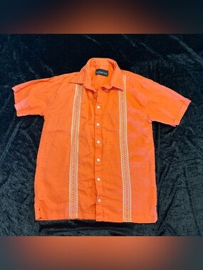 Limon Orange Short-Sleeve Embroidered Guayabera Shirt linen-cotton, medium